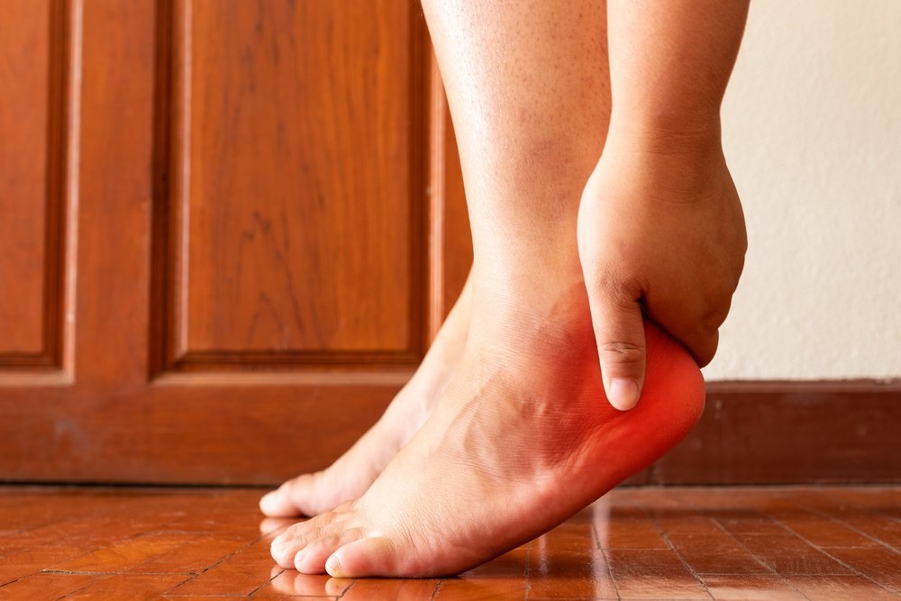 Female foot heel pain or plantar fasciitis. Health care concept.